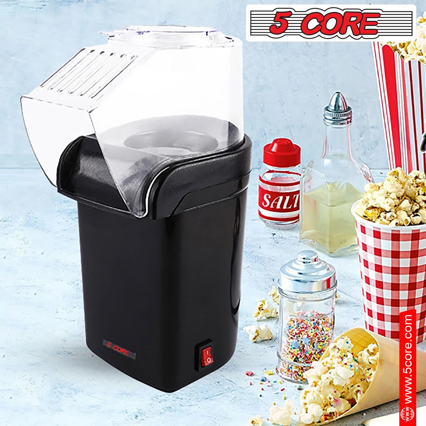 5 Core Popcorn Machine 16 Cup Hot Air Popper Mini Portable Electric Pop Corn Maker Black