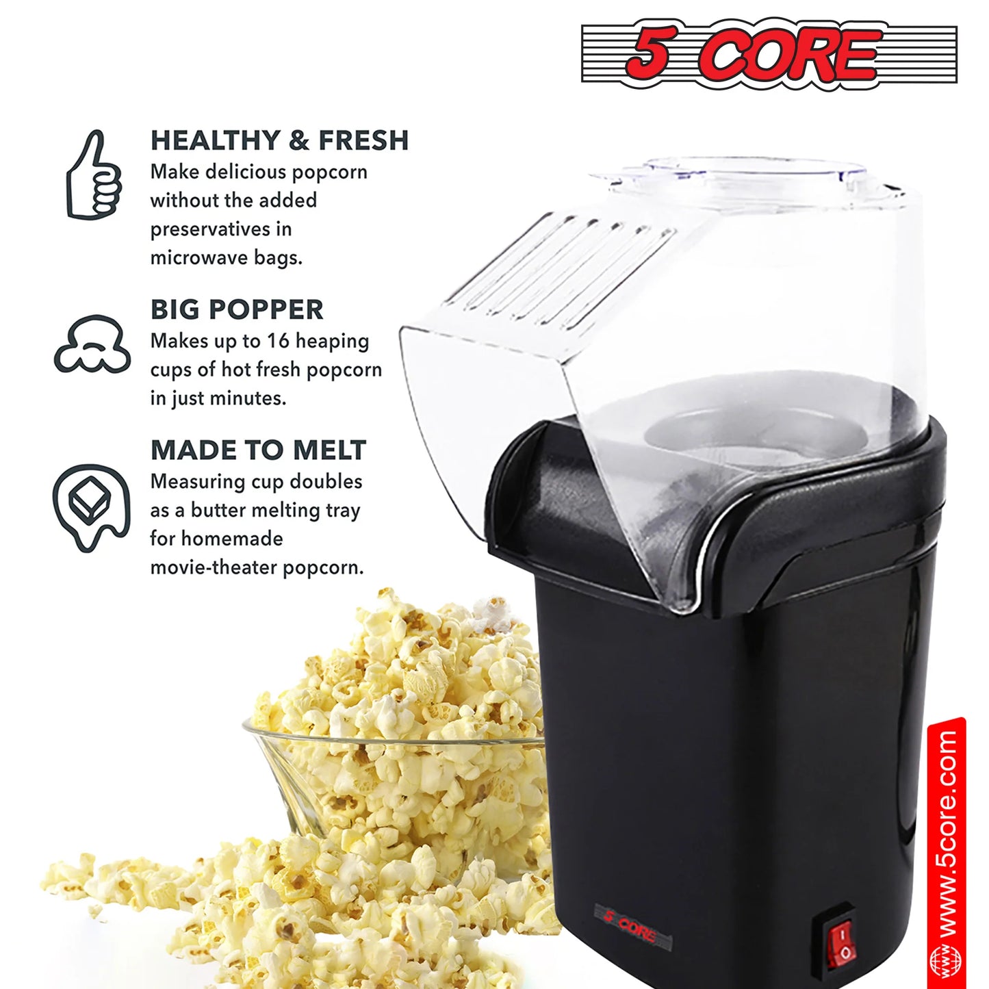 5 Core Popcorn Machine 16 Cup Hot Air Popper Mini Portable Electric Pop Corn Maker Black