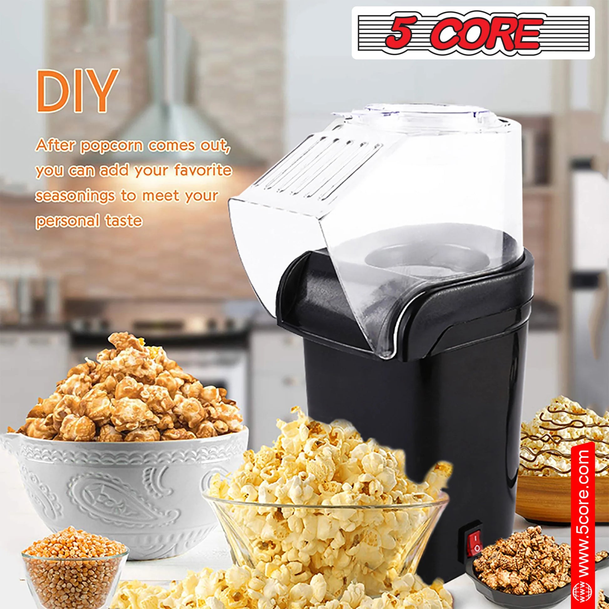 5 Core Popcorn Machine 16 Cup Hot Air Popper Mini Portable Electric Pop Corn Maker Black