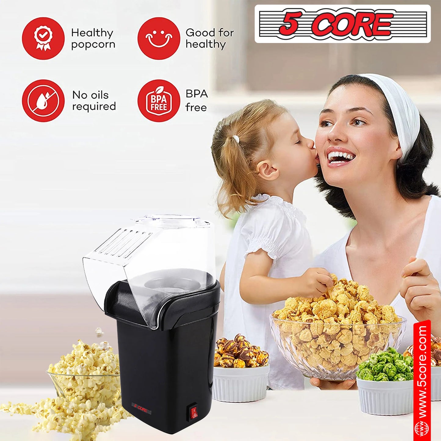 5 Core Popcorn Machine 16 Cup Hot Air Popper Mini Portable Electric Pop Corn Maker Black