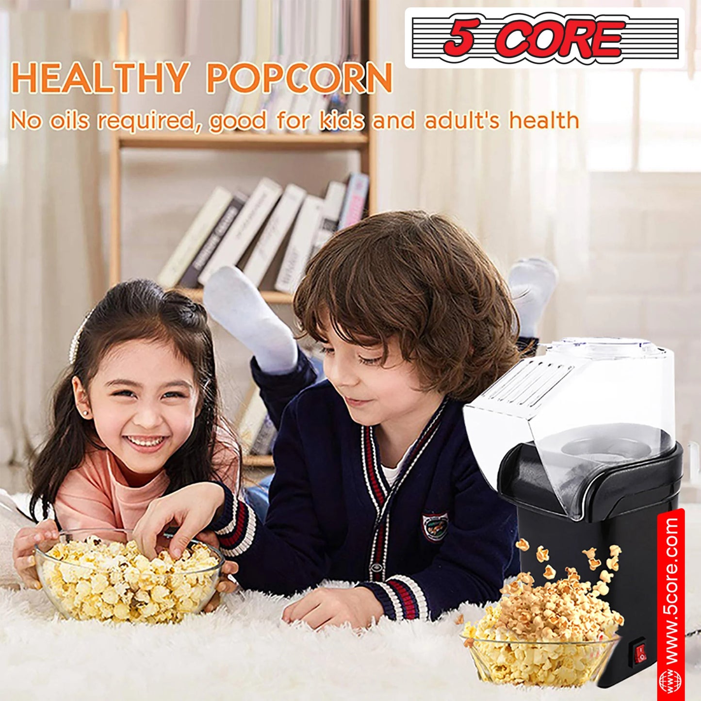 5 Core Popcorn Machine 16 Cup Hot Air Popper Mini Portable Electric Pop Corn Maker Black
